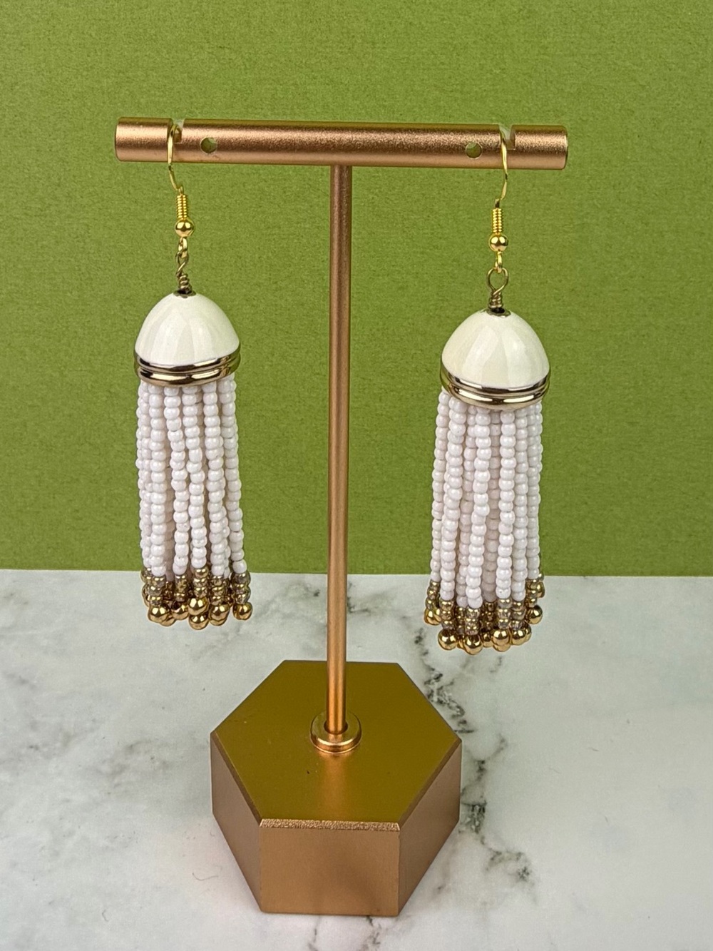 Vintage Upcycled Boho White & Gold Beaded Tassel Earrings